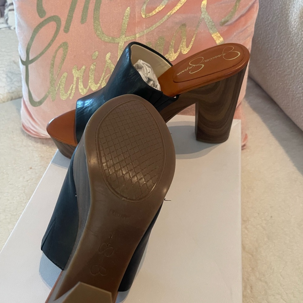 Jessica Simpson Black Leather Mules with Brown Heel
